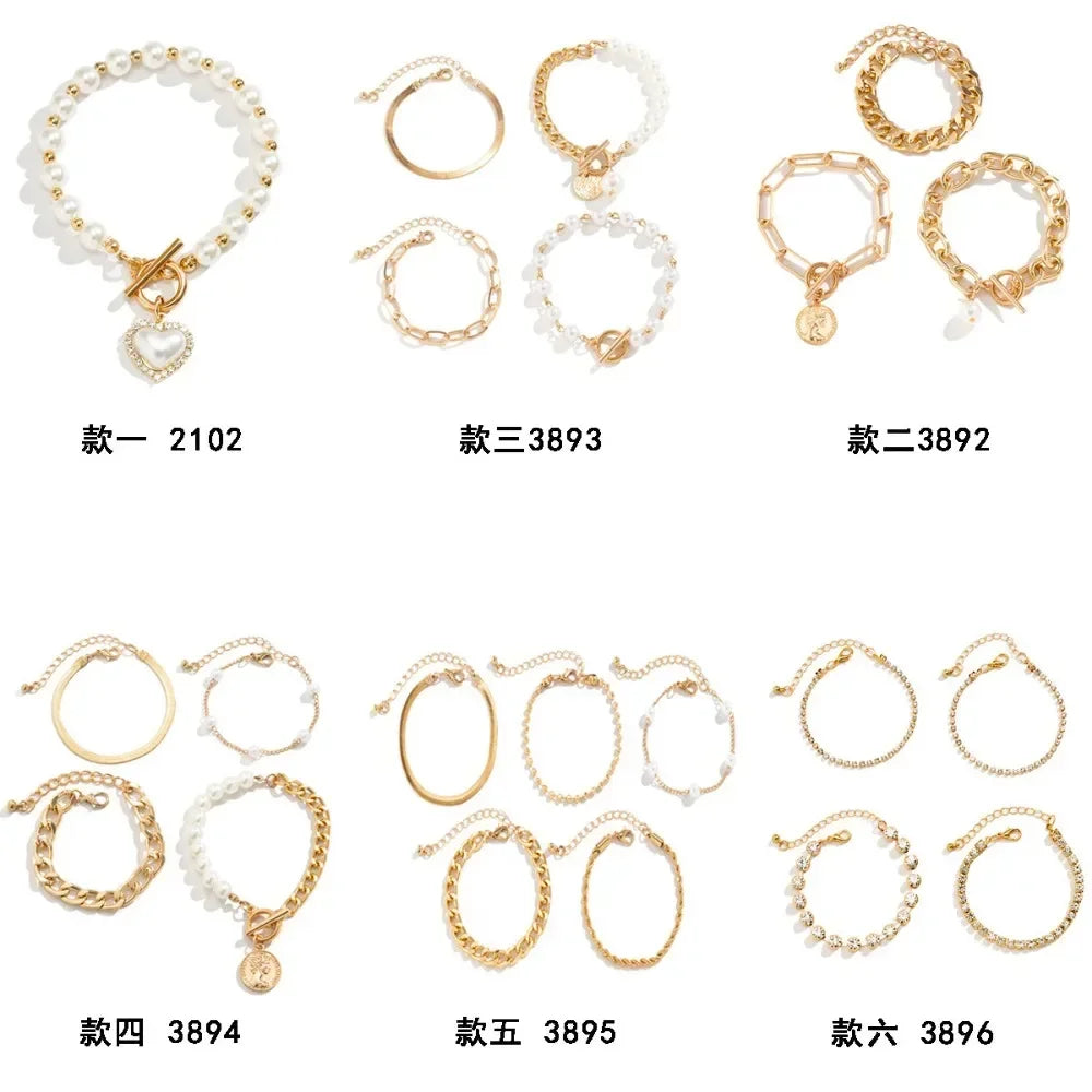 2024 New Fashion Imitation Pearl Crystal Chain Bracelet- Stainless Steel Heart Bangle