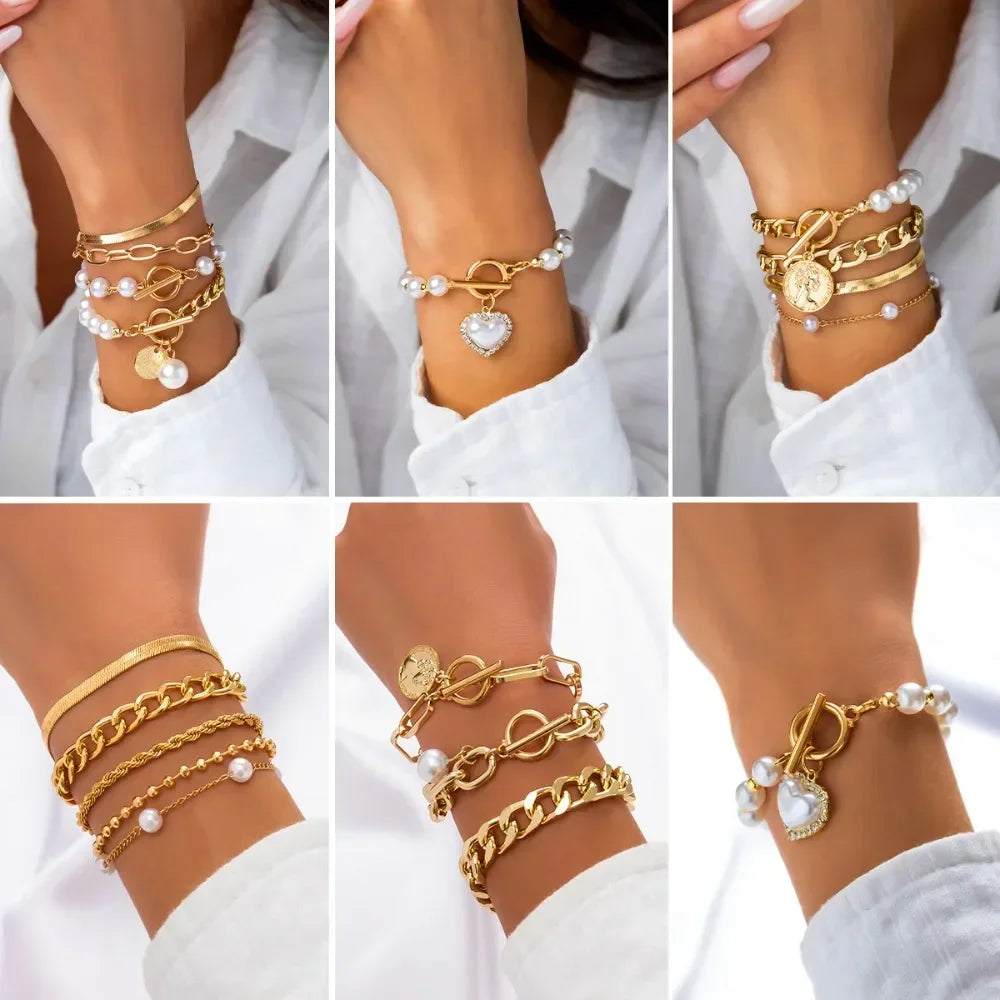 2024 New Fashion Imitation Pearl Crystal Chain Bracelet- Stainless Steel Heart Bangle