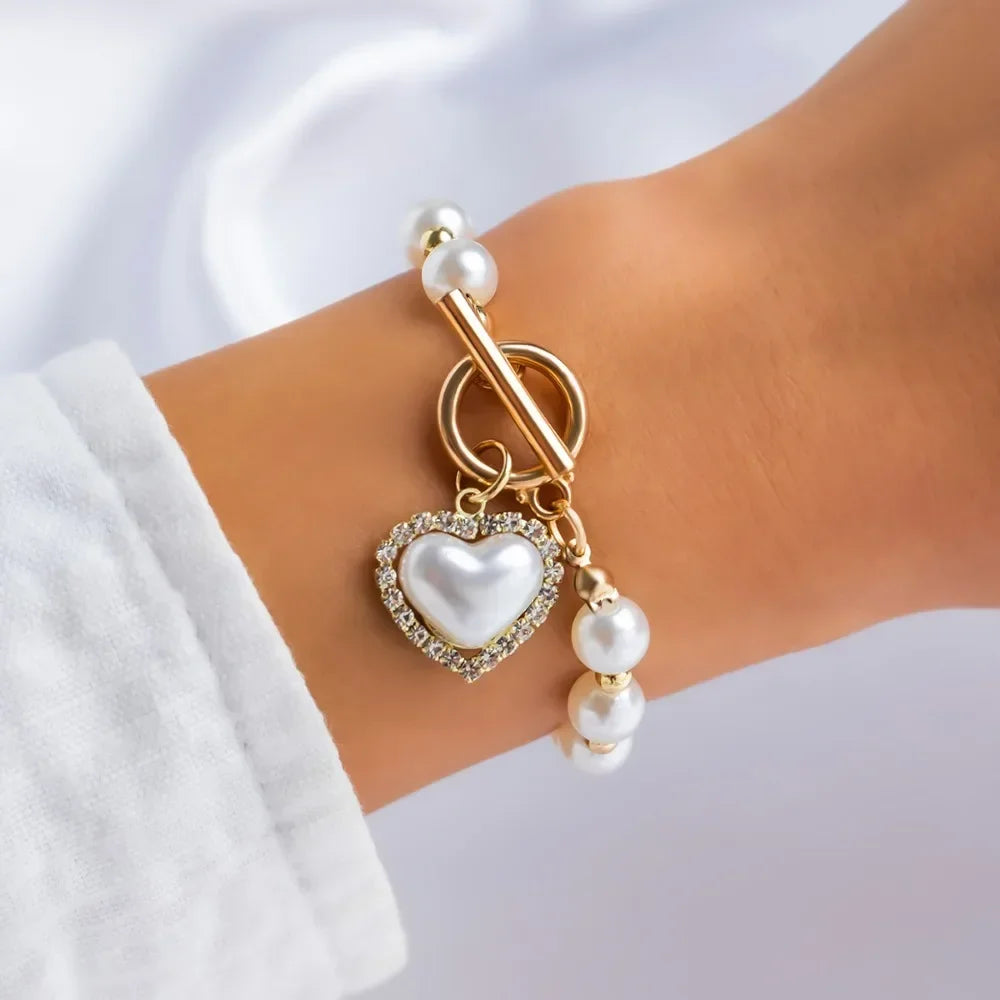 2024 New Fashion Imitation Pearl Crystal Chain Bracelet- Stainless Steel Heart Bangle